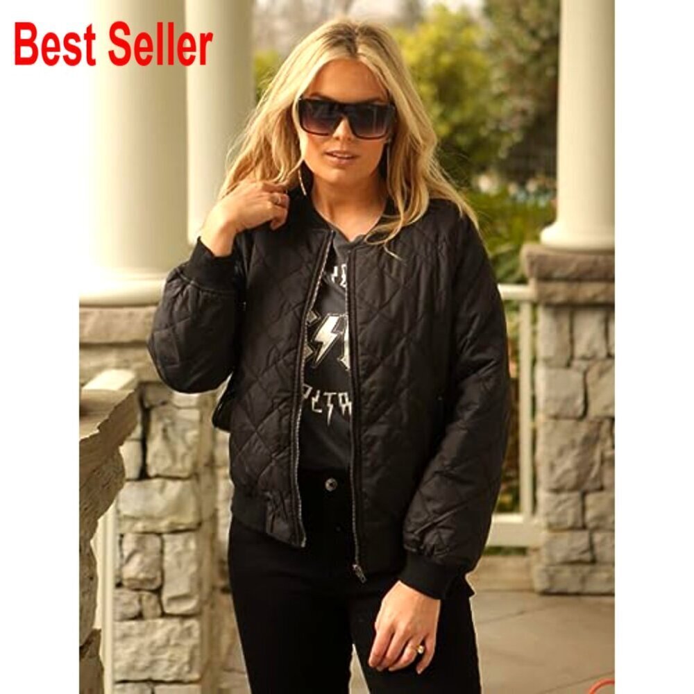 Quilted Bomber Jacket Lightweight Zip Up Casual Fall Coat - Picture 4 of 6